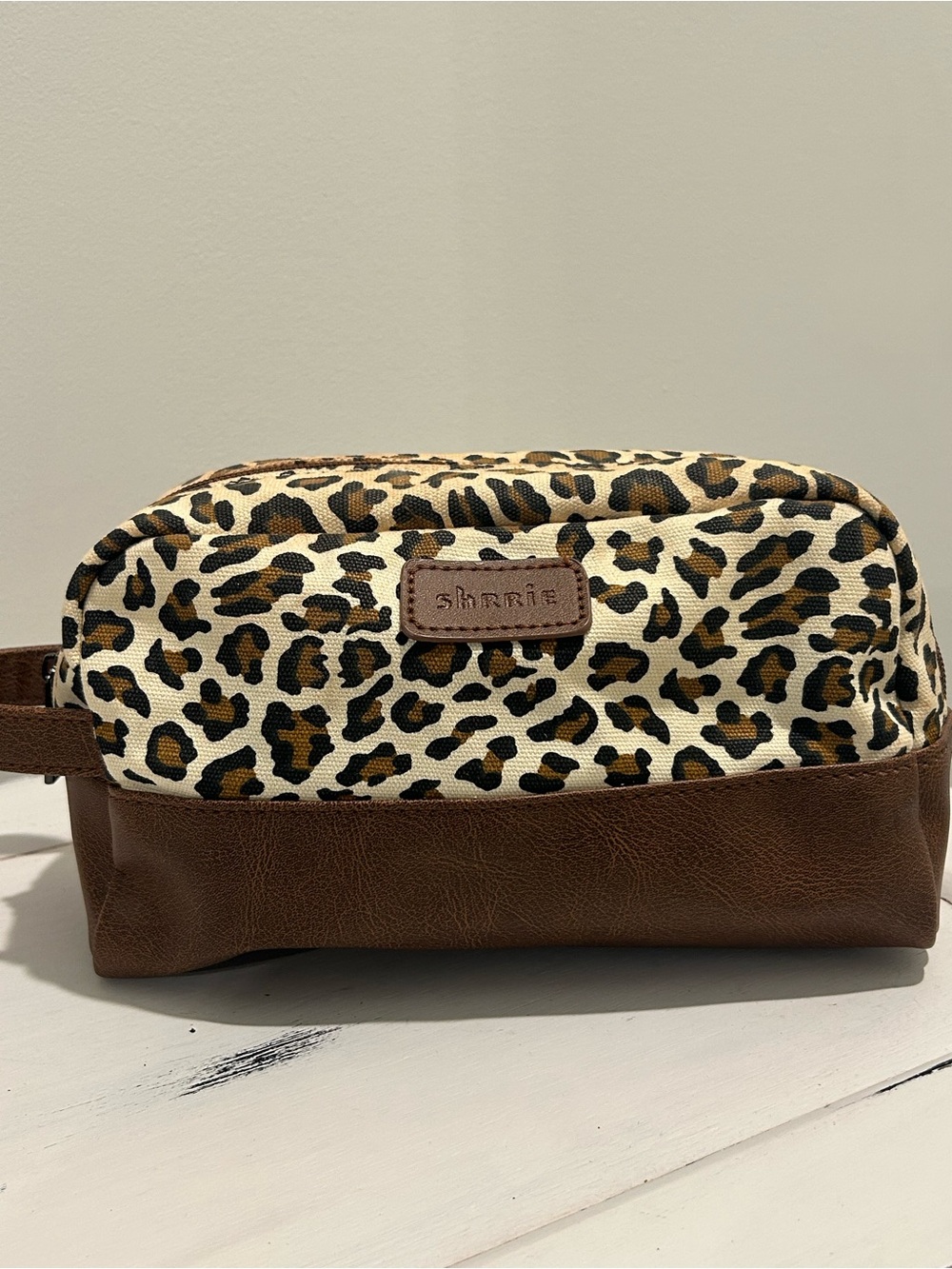 Leopard Print and Brown Leather Toiletry makeup cosmetic  Bag